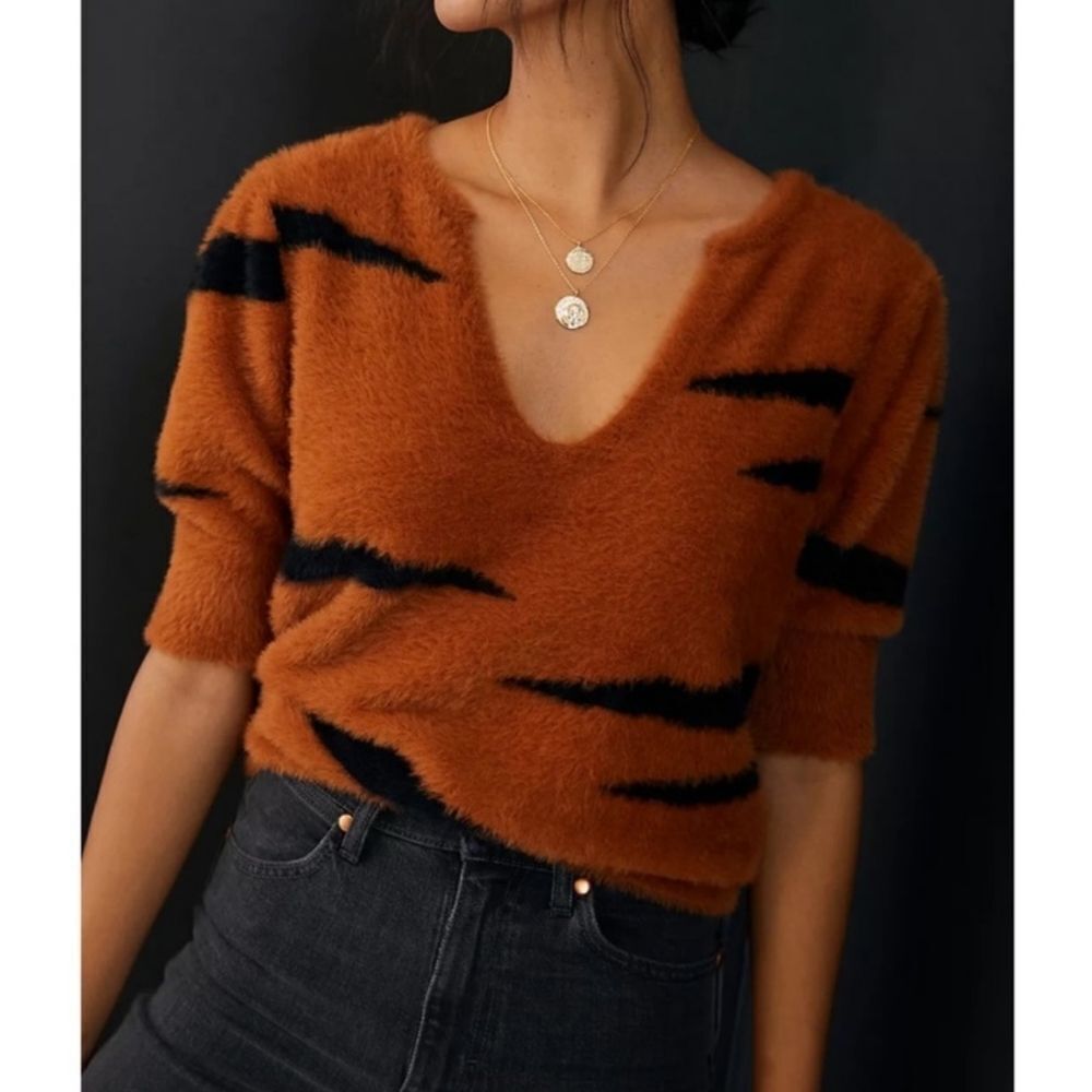 NWT MICHAEL STARS Honey Elbow Sleeve Faux Fur Sweater Whiskey Combo S